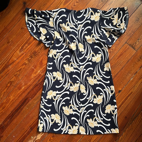 Ann Taylor V-neck Navy Yellow Floral Flutter Sleeve Dress Size 4 - Picture 3 of 3